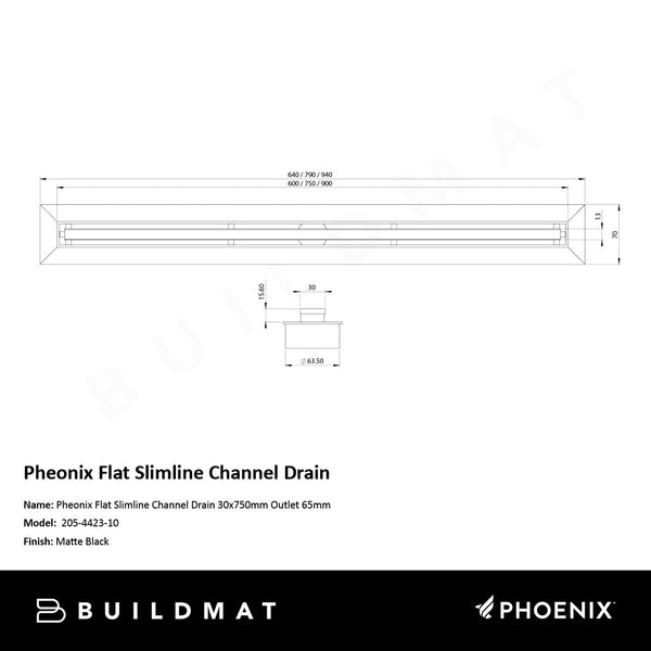 Phoenix Flat Slimline Channel Drain 30x750mm Outlet 65mm Matte Black