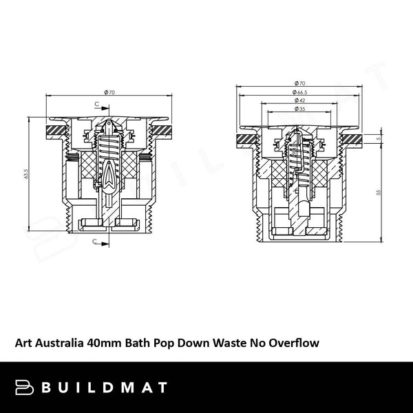 Art Australia Brushed Nickel 40mm Bath Pop Down Waste No Overflow