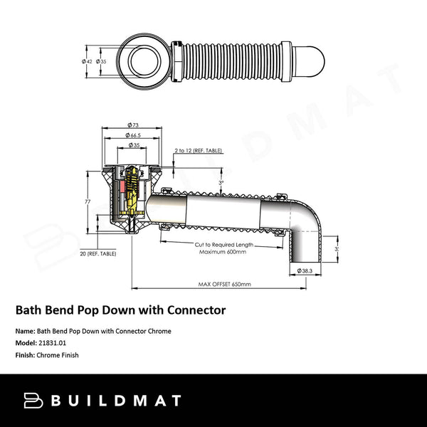 Art Australia Chrome 40mm Bath Bend Pop Down with Connector