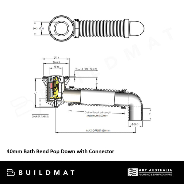 Art Australia 40mm Bath Bend Pop Down with Connector Brushed Nickel