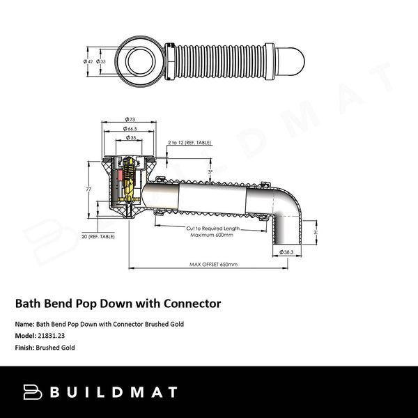 Art Australia 40mm Bath Pop Down with Connector Polished Brushed Gold