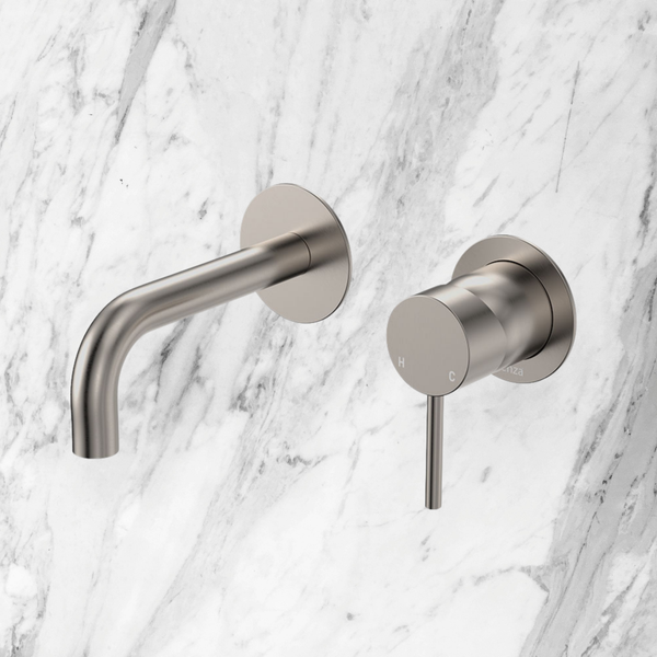 Fienza Kaya Basin/Bath Wall Mixer Set Round Plates 130mm Outlet Brushed Nickel Lead Free