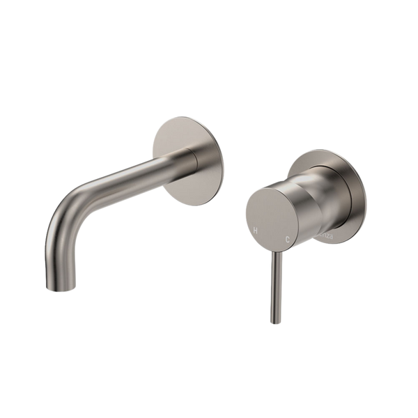 Fienza Kaya Basin/Bath Wall Mixer Set Round Plates 130mm Outlet Brushed Nickel Lead Free