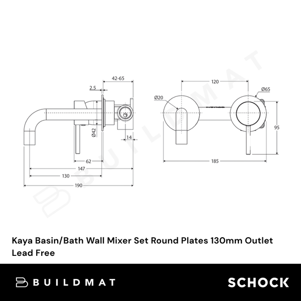 Fienza Kaya Basin/Bath Wall Mixer Set Round Plates 130mm Outlet Brushed Nickel Lead Free