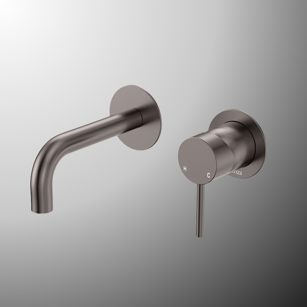 Fienza Kaya Basin/Bath Wall Mixer Set Round Plates 130mm Outlet Gunmetal Lead Free