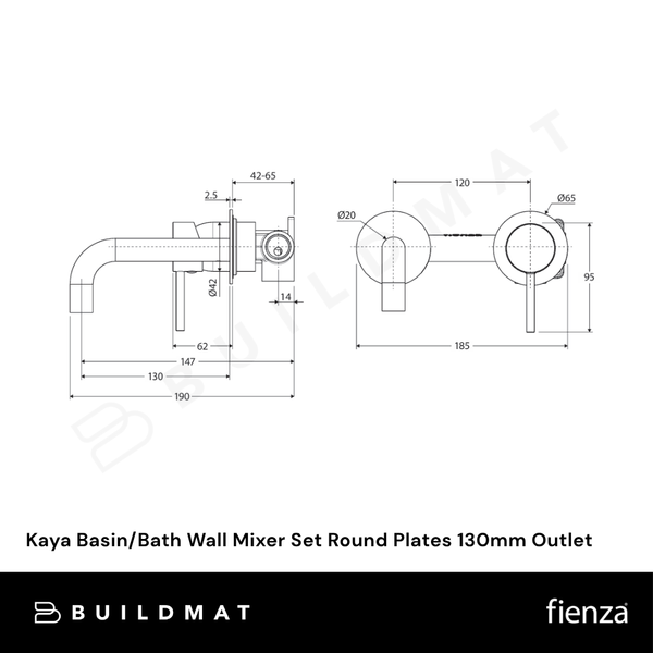 Fienza Kaya Basin/Bath Wall Mixer Set Round Plates 130mm Outlet Gunmetal Lead Free