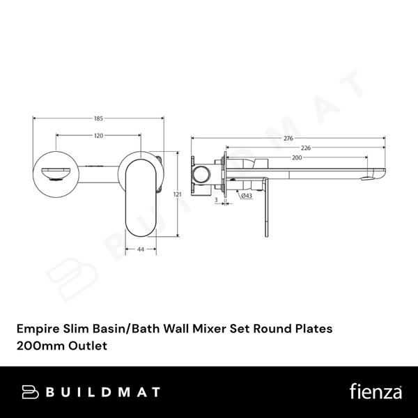 Fienza Empire Slim Basin/Bath Wall Mixer Set Round Plates 200mm Outlet Gunmetal Lead Free