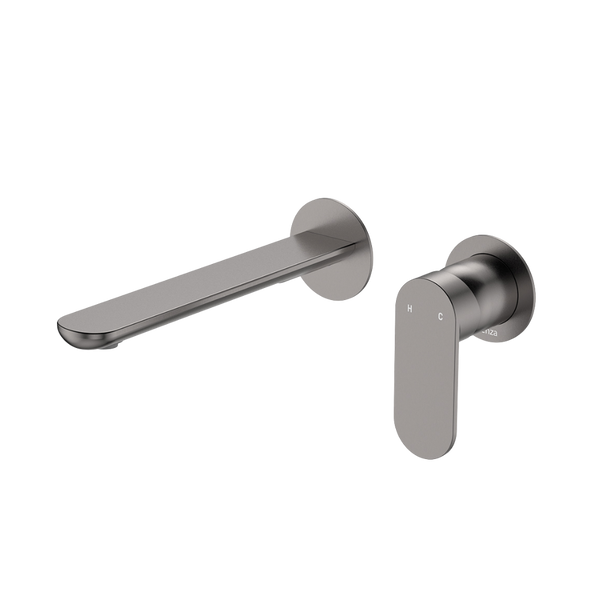 Fienza Empire Slim Basin/Bath Wall Mixer Set Round Plates 200mm Outlet Gunmetal Lead Free