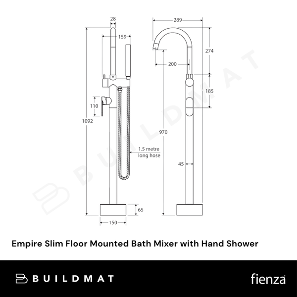 Fienza Empire Slim Floor Mounted Bath Mixer with Hand Shower Chrome