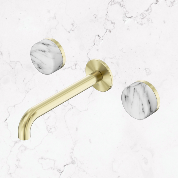 Nero Serenity Wall Basin Set 185mm Spout With Arabescato Corchia Handle Brushed Gold