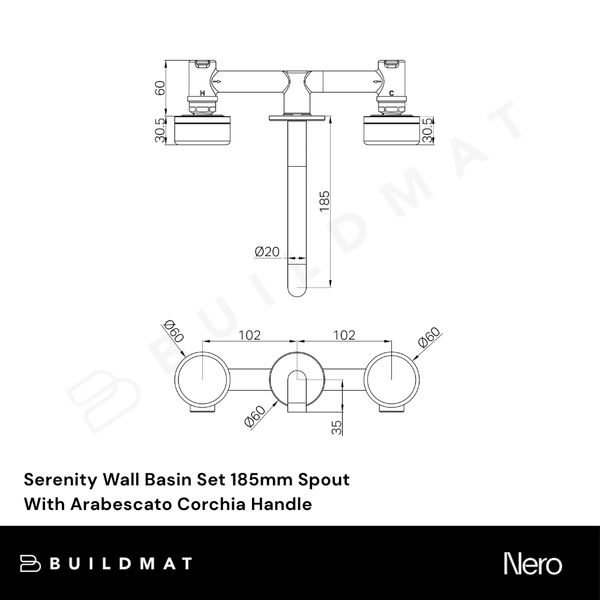 Nero Serenity Wall Basin Set 185mm Spout With Arabescato Corchia Handle Brushed Gold