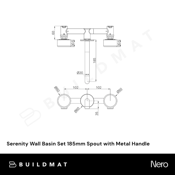 Nero Serenity Wall Basin Set 185mm Spout with Metal Handle (Complete Kit) Tumbled Antique Brass