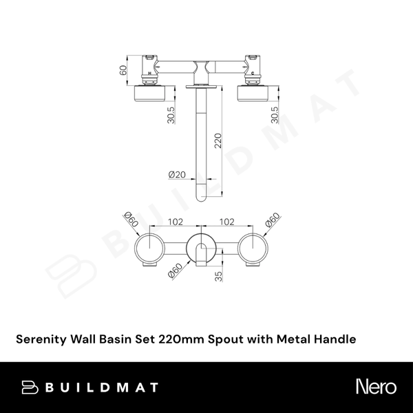 Nero Serenity Wall Basin Set 220mm Spout with Metal Handle (Complete Kit) Tumbled Antique Brass