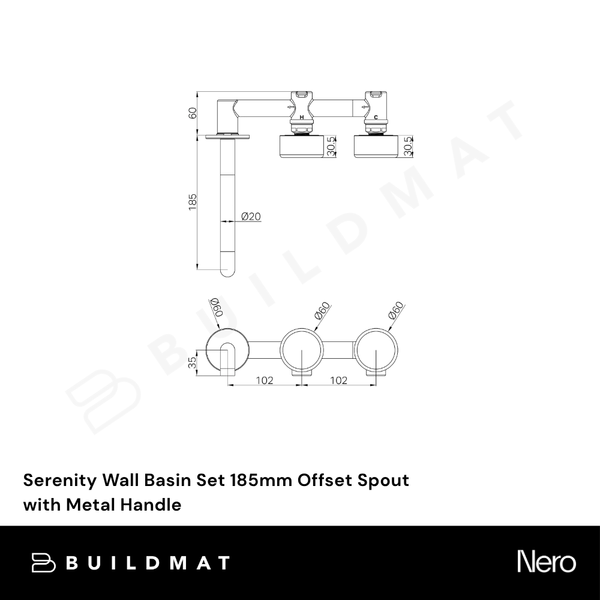 Nero Serenity Wall Basin Set 185mm Offset Spout with Metal Handle (Complete Kit) Tumbled Antique Brass