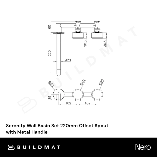 Nero Serenity Wall Basin Set 220mm Offset Spout with Metal Handle (Complete Kit) Rome Bronze