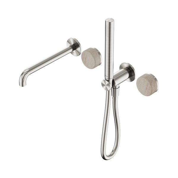Nero Serenity Progressive Shower System With Spout With Rome Travertine Handle And Slim Shower Brushed Nickel
