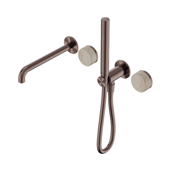 Nero Serenity Progressive Shower System With Spout With Rome Travertine Handle And Slim Shower Brushed Bronze