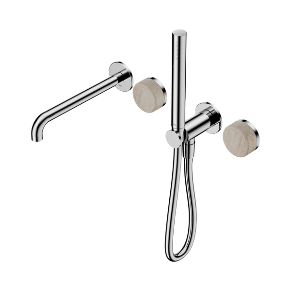 Nero Serenity Progressive Shower System With Spout With Rome Travertine Handle And Slim Shower Chrome