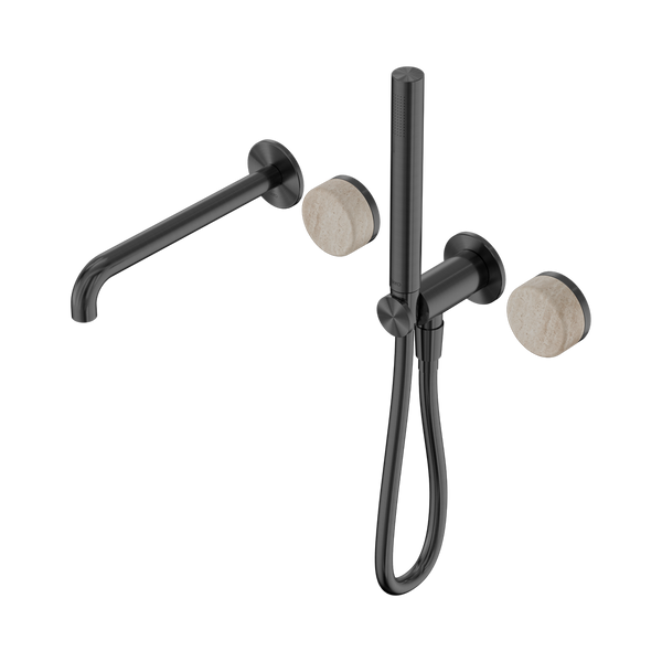 Nero Serenity Progressive Shower System With Spout With Rome Travertine Handle And Slim Shower Gunmetal