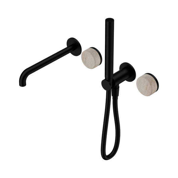 Nero Serenity Progressive Shower System With Spout With Rome Travertine Handle And Slim Shower Matte Black