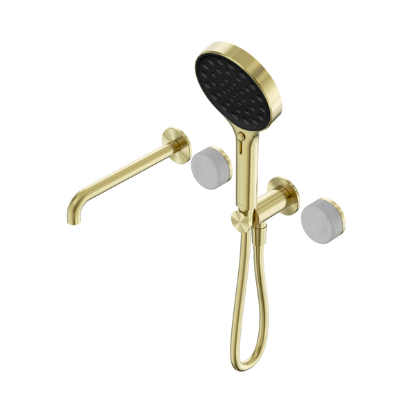 Nero Serenity Progressive Shower System With Spout With Carrara Handle And Serenity Hand Shower Brushed Gold