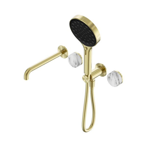 Nero Serenity Progressive Shower System With Spout With Arabescato Corchia Handle And Serenity Hand Shower Brushed Gold