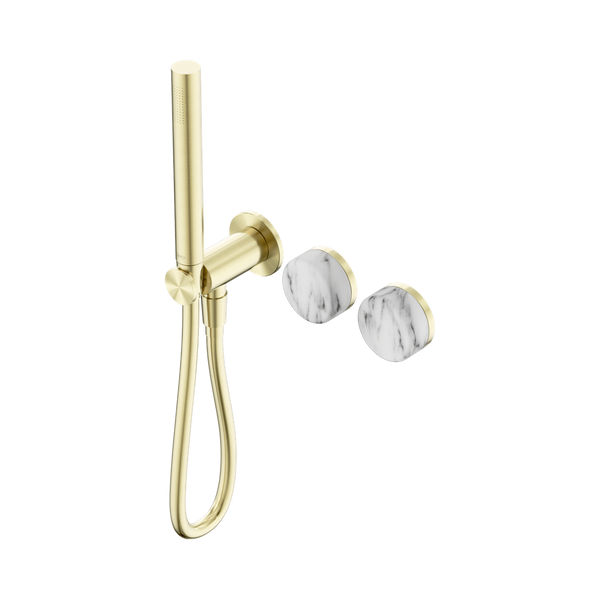 Nero Serenity Progressive Shower System With Arabescato Corchia Handle And Slim Shower Brushed Gold