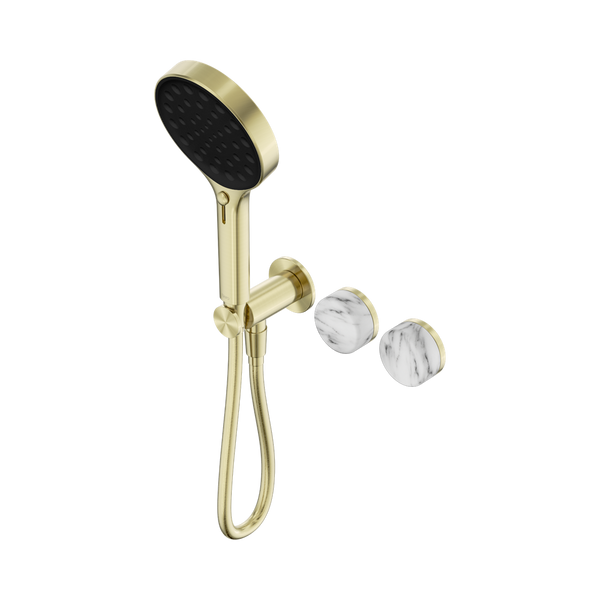 Nero Serenity Progressive Shower System With Arabescato Corchia Handle And Serenity Hand Shower Brushed Gold