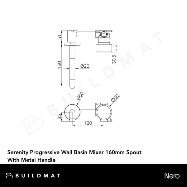 Nero Serenity Progressive Wall Basin Mixer 160mm Spout With Metal Handle Matte Black