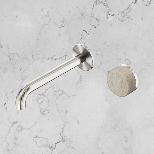 Serenity Progressive Wall Basin Mixer 185mm Spout with Rome Travertine Handle Brushed Nickel