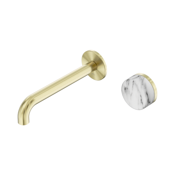 Nero Serenity Progressive Wall Basin Mixer 185mm Spout With Arabescato Corchia Handle Brushed Gold