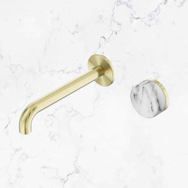 Nero Serenity Progressive Wall Basin Mixer 185mm Spout With Arabescato Corchia Handle Brushed Gold