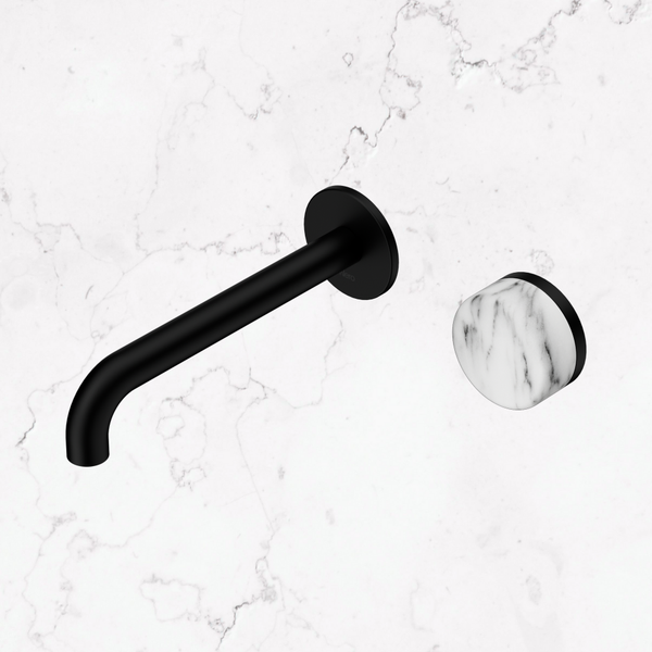 Nero Serenity Progressive Wall Basin Mixer 185mm Spout with Arabescato Corchia Handle Matte Black