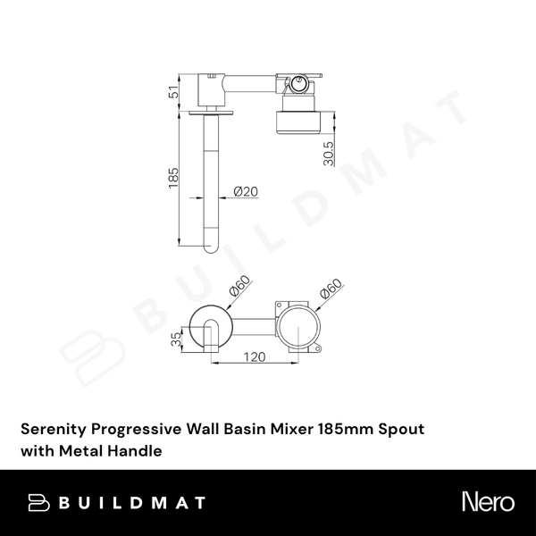Nero Serenity Progressive Wall Basin Mixer 185mm Spout with Metal Handle (Complete Kit) Rome Bronze