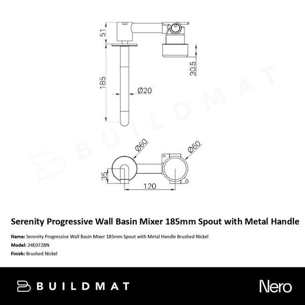 Nero Serenity Progressive Wall Basin/Bath Set 185mm Spout with Metal Handle Brushed Nickel
