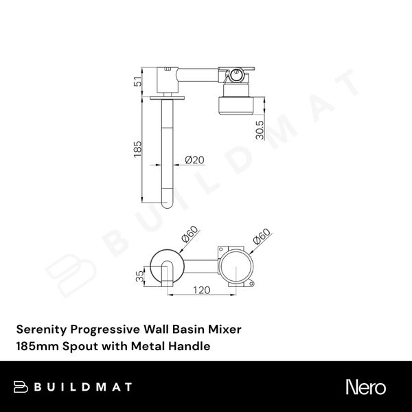 Nero Serenity Progressive Wall Basin Mixer 185mm Spout with Metal Handle Brushed Bronze