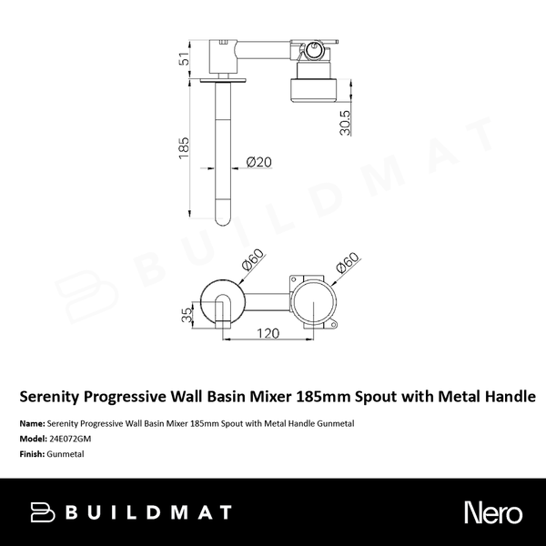 Nero Serenity Progressive Wall Basin/Bath Set 185mm Spout with Metal Handle Gunmetal