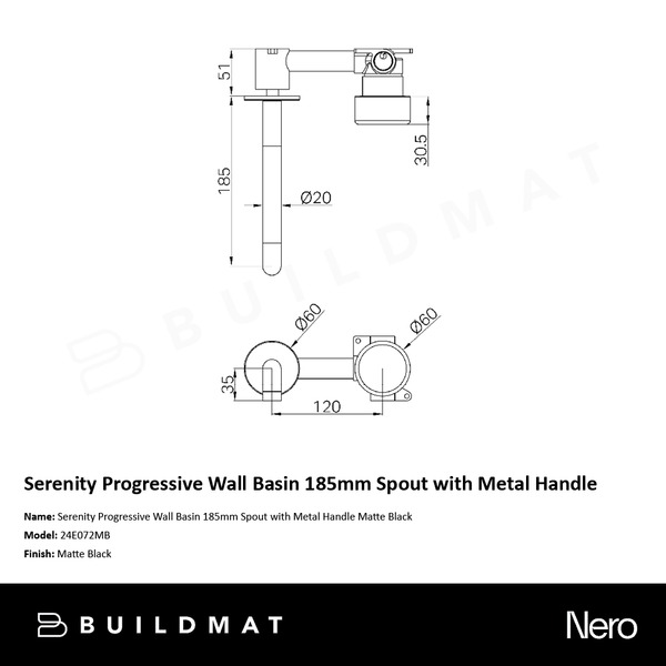 Nero Serenity Progressive Wall Basin/Bath Set 185mm Spout with Metal Handle Matte Black