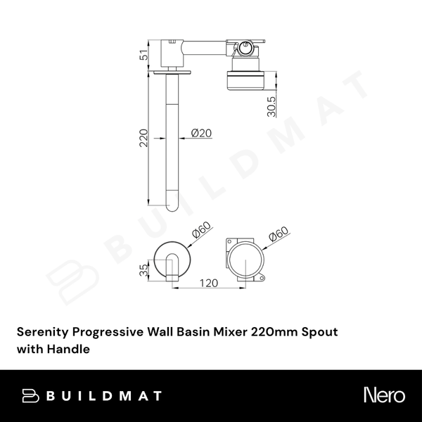 Nero Serenity Progressive Wall Basin Mixer 220mm Spout with Verde Alpi Handle Gunmetal