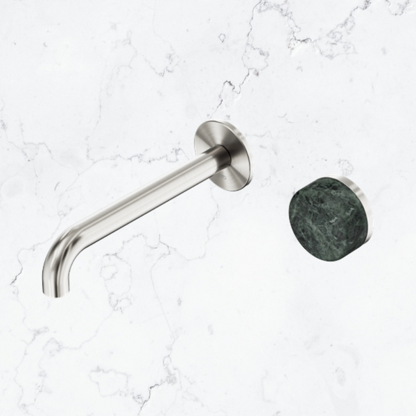 Nero Serenity Progressive Wall Basin Mixer 185mm Spout With Verde Alpi Handle Brushed Nickel