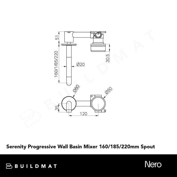 Nero Serenity Progressive Wall Basin Mixer 185mm Spout With Verde Alpi Handle Brushed Nickel