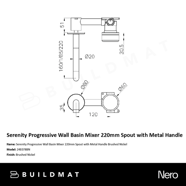 Nero Serenity Progressive Wall Basin/Bath Set 220mm Spout with Metal Handle Brushed Nickel