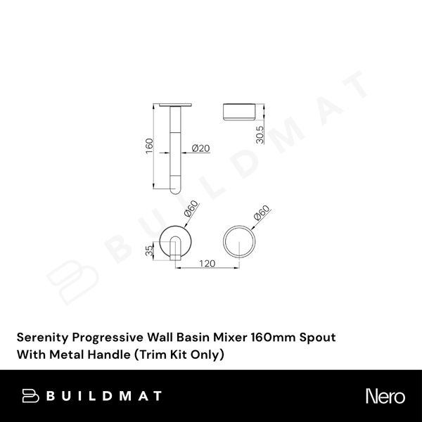 Nero Serenity Progressive Wall Basin Mixer 160mm Spout With Metal Handle (Trim Kit Only) Brushed Nickel