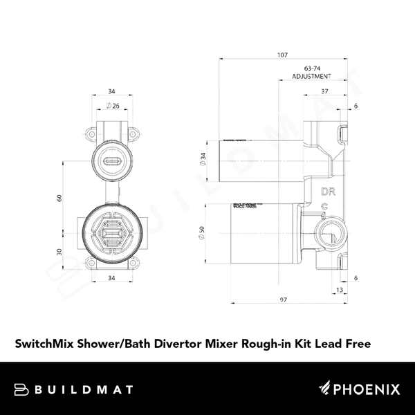 Phoenix SwitchMix Shower/Bath Divertor Mixer Rough-in Kit Lead Free