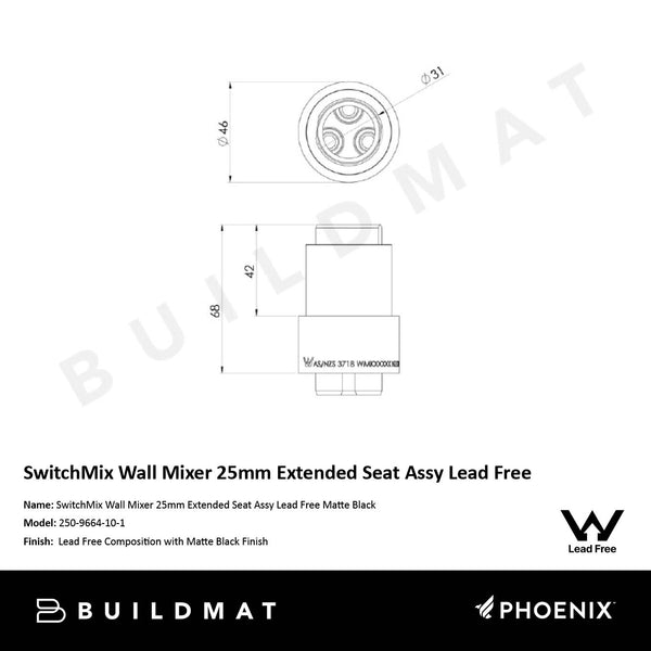Phoenix SwitchMix Wall Mixer 25mm Extended Seat Assy Lead Free Matte Black