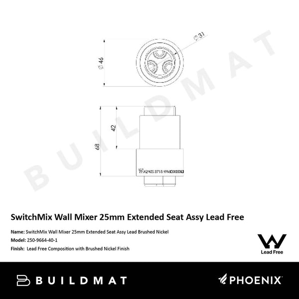 Phoenix SwitchMix Wall Mixer 25mm Extended Seat Assy Lead Free Brushed Nickel
