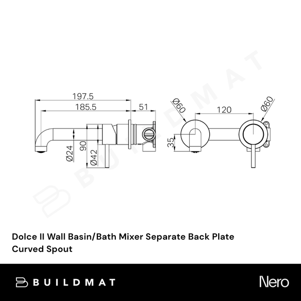 Nero Dolce II Wall Basin/Bath Mixer Separate Back Plate Curved Spout Brushed Nickel