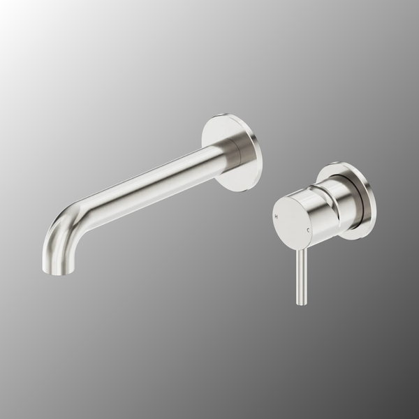 Nero Dolce II Wall Basin/Bath Mixer Separate Back Plate Curved Spout Brushed Nickel