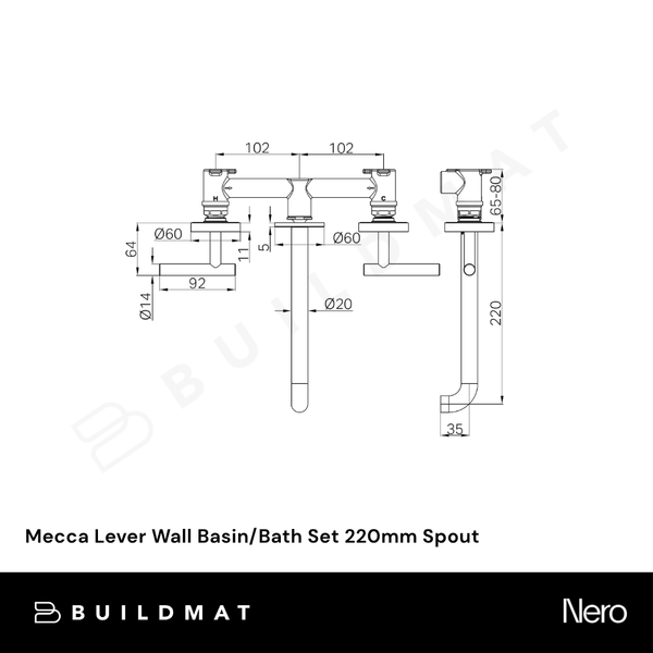 Nero Mecca Lever Wall Basin/Bath Set 220mm Spout (Complete Kit) Tumbled Antique Brass