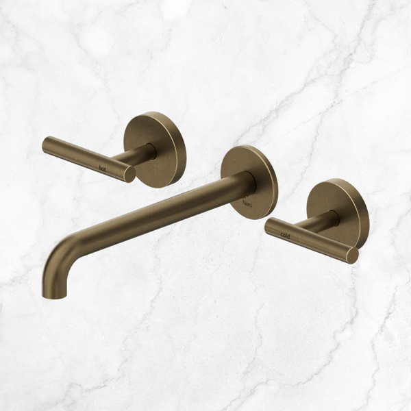 Nero Mecca Lever Wall Basin/Bath Set 220mm Spout (Complete Kit) Tumbled Antique Brass